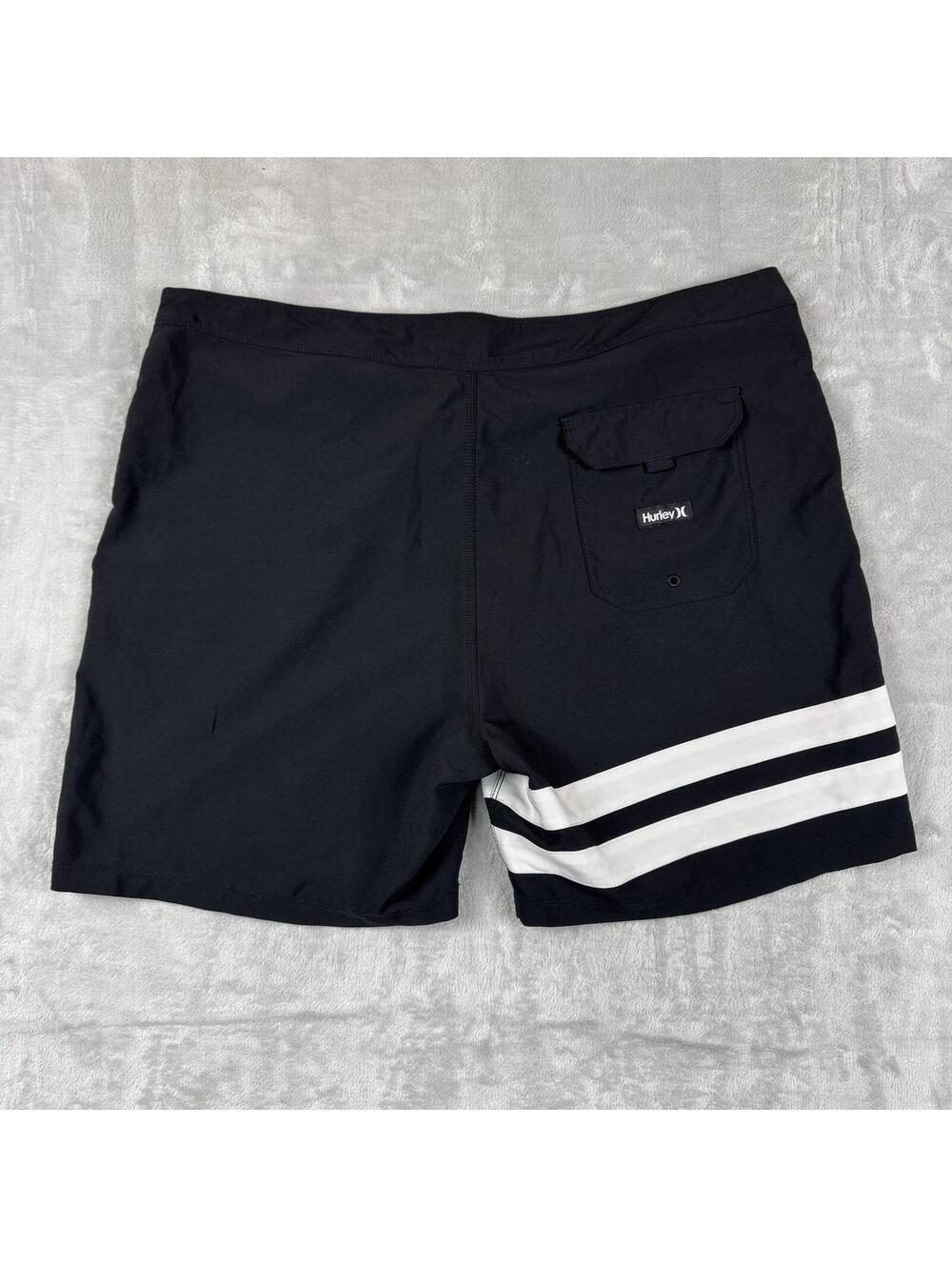 Hurley Phantom Black Board Shorts White Stripe Surf Swim Size 38 Unlined Coastal - Picture 2 of 8